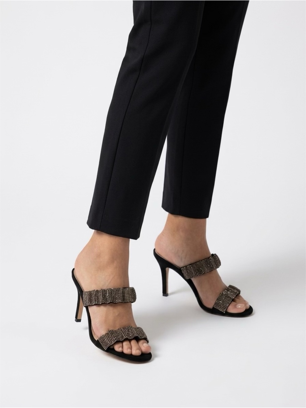 White House Black Market Black Heeled Slide Sandals with Rhinestone Straps